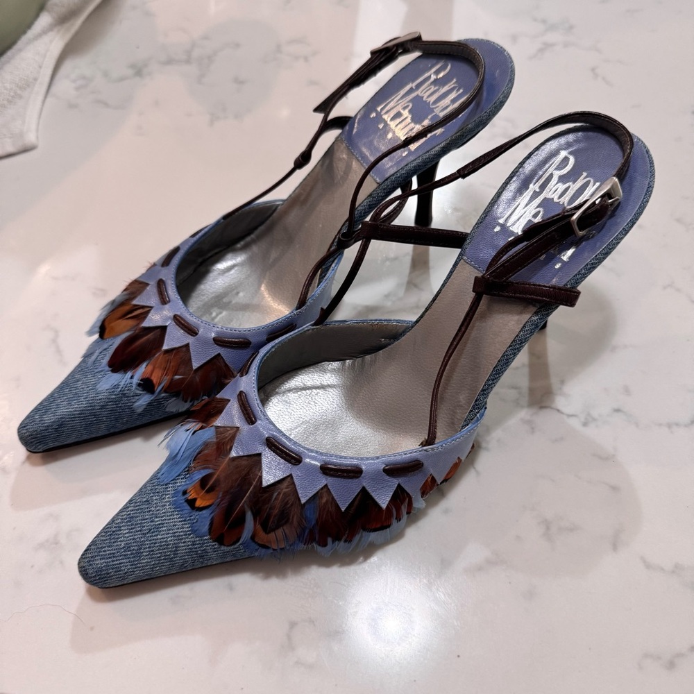 Rodolphe Menudier Feminine Blue Denim and Brown Feather Slingback Kitten Heels